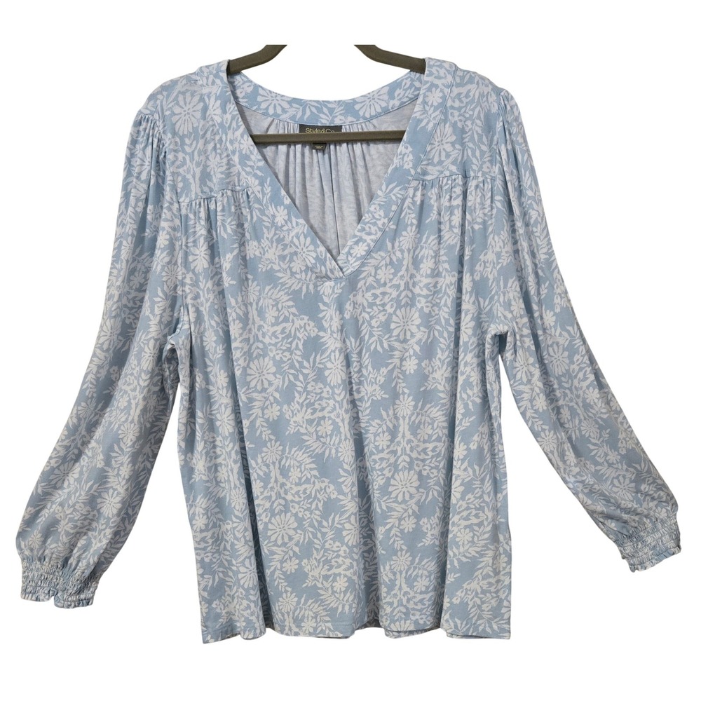 Style & Co Boho Comfy Blue White Floral V-Neck Blouse Petite XL Smocked Cuff